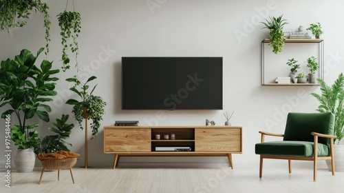 Minimalist living room with a flat screen TV, a wooden TV stand, and a green velvet armchair.