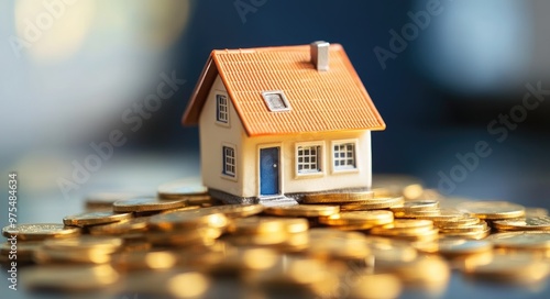 Wallpaper Mural A small model house sits on a pile of gold coins, representing the cost of homeownership. Torontodigital.ca