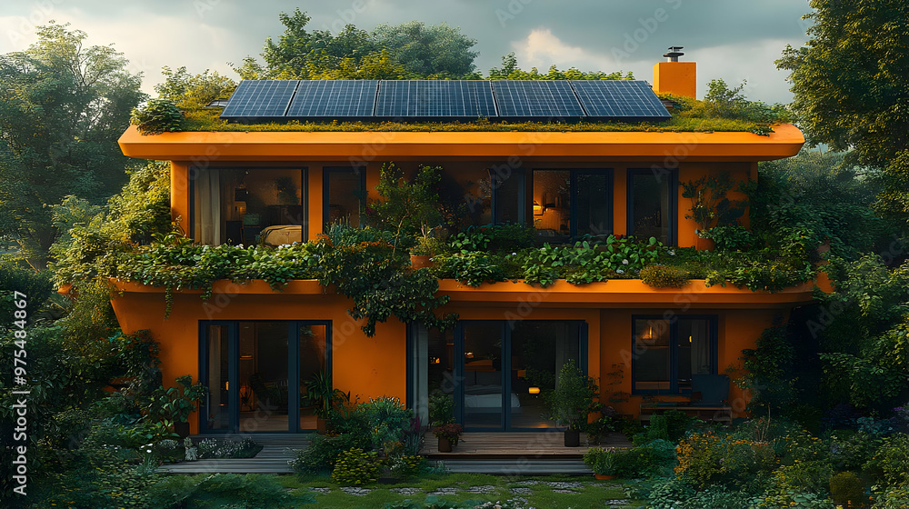 Modern Two-Story Orange House with Solar Panels and Green Roof Illustration Modern Two-Story Orange House with Solar Panels and Green Roof Illustration