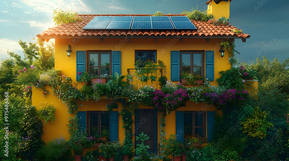 Yellow House with Green Roof and Solar Panels Illustration Yellow House with Green Roof and Solar Panels Illustration
