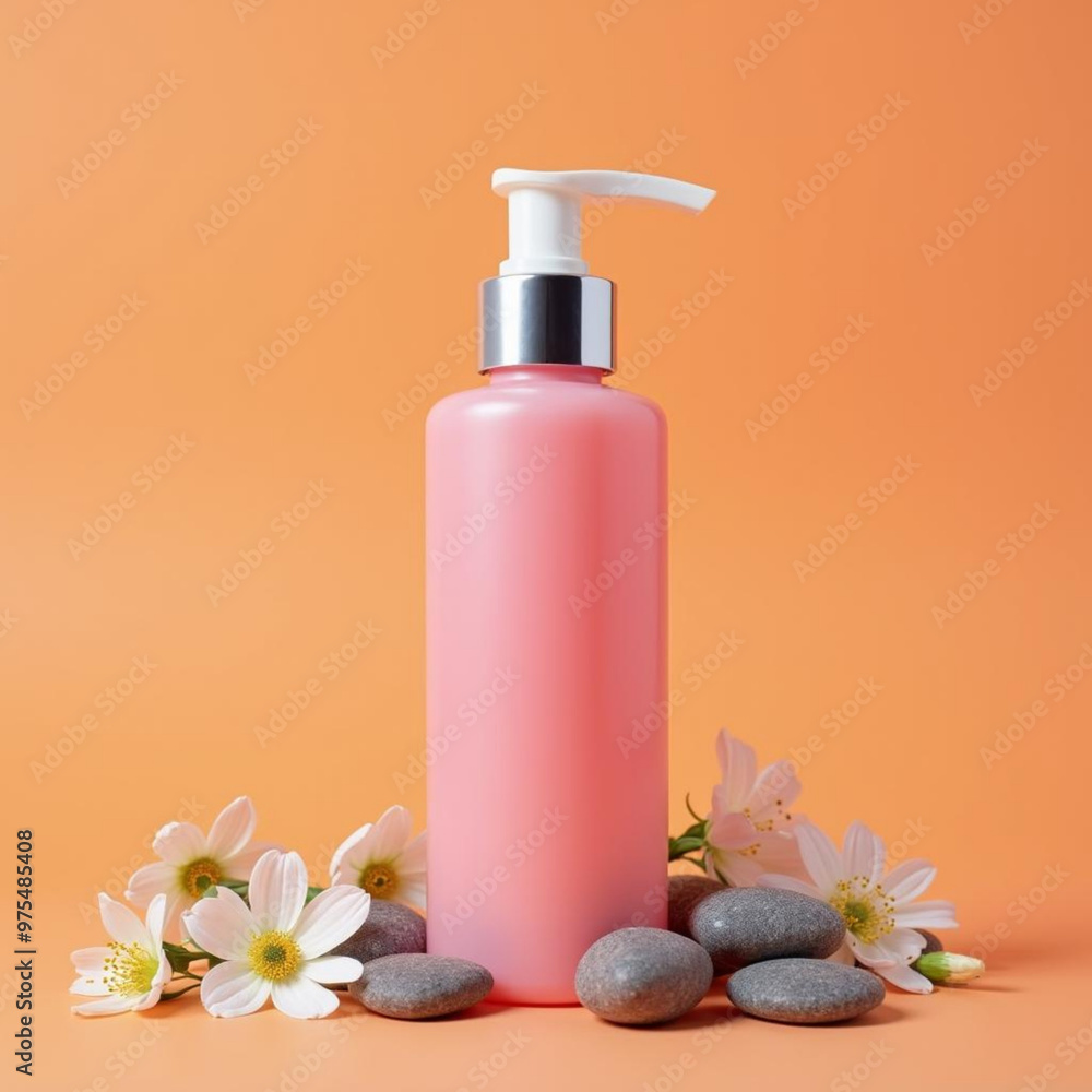A cosmetic bottle surrounded by small white flowers and smooth gray stones on an orange background A cosmetic bottle surrounded by small white flowers and smooth gray stones on an orange background