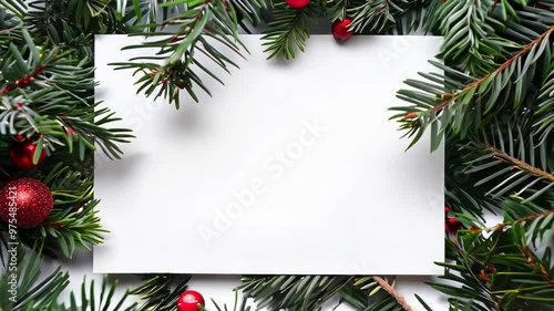 Christmas card with fir twigs, red berries on a white background with a place for text