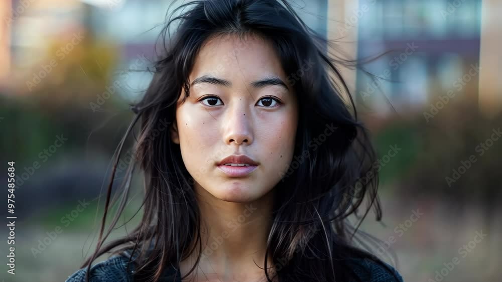 Capturing natural beauty of a asian young woman in an outdoor setting with gentle wind flowing through her hair Capturing natural beauty of a asian young woman in an outdoor setting with gentle wind flowing through her hair