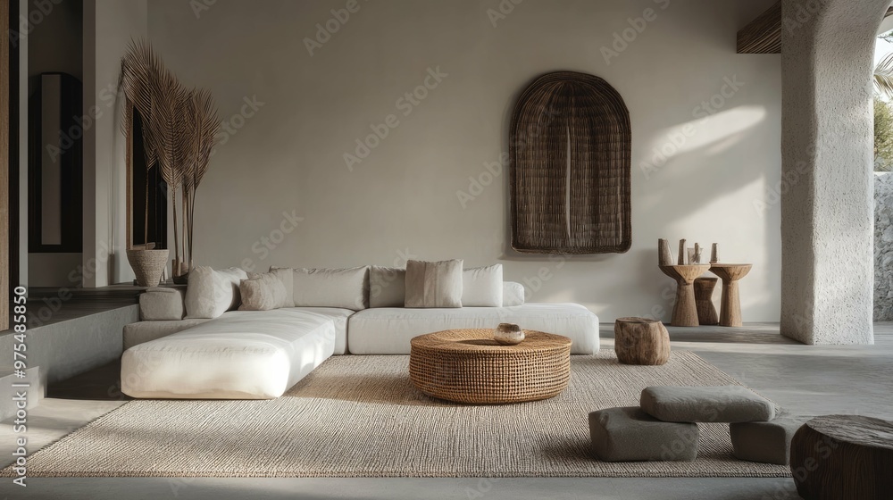 Minimalist living room with white sofa, round wicker coffee table, and decorative wooden sculptures on a beige rug. Minimalist living room with white sofa, round wicker coffee table, and decorative wooden sculptures on a beige rug.