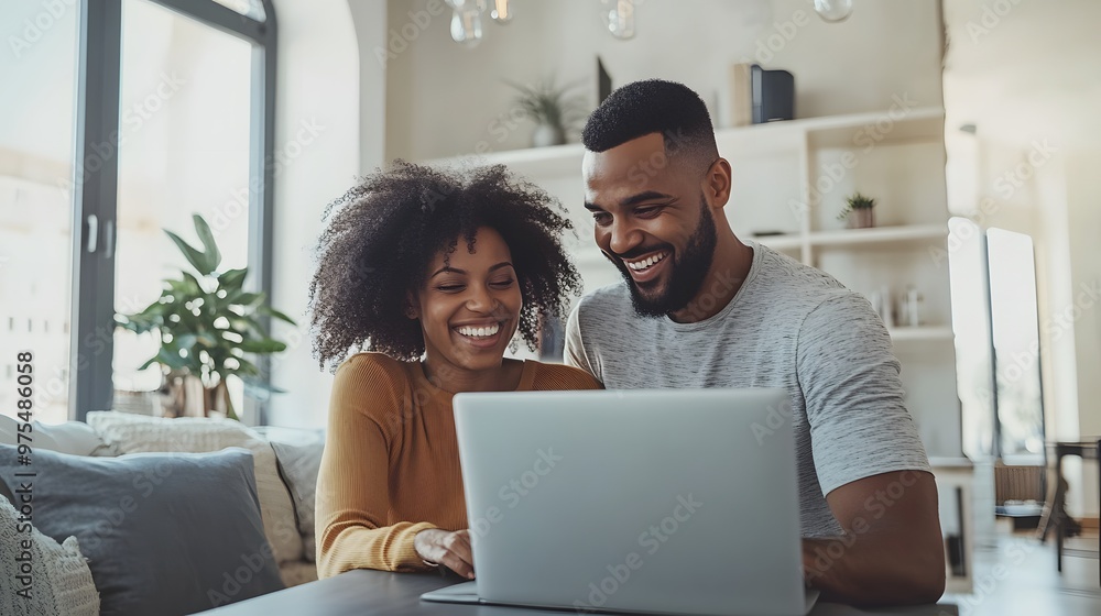 Happy couple using a laptop together in their home Happy couple using a laptop together in their home