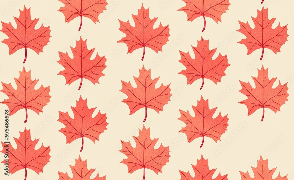 Pattern of vibrant red maple leaves on a light beige background. Pattern of vibrant red maple leaves on a light beige background.