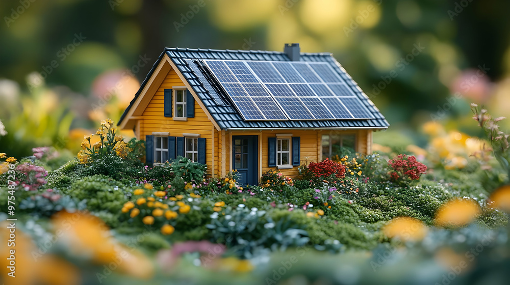 Yellow House With Solar Panels in a Flower Garden - Illustration Yellow House With Solar Panels in a Flower Garden - Illustration