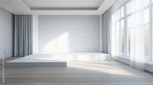 Minimalist white room with sunlight streaming through a large window and a white platform.