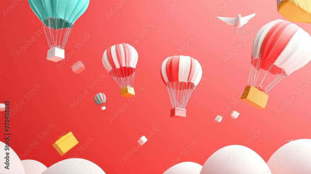 A Box flying on a parachute on red background,vector illustration of package flying down from sky and cloud with parachute,concept for delivery service,shopping online,air delivery service. A Box flying on a parachute on red background,vector illustration of package flying down from sky and cloud with parachute,concept for delivery service,shopping online,air delivery service.