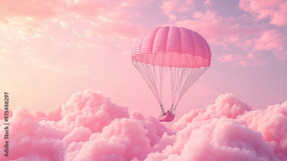 Obraz premium A Box flying on a parachute with pink cloud,vector illustration of package flying down from sky and cloud with parachute, concept for delivery service,shopping online,air delivery service.
