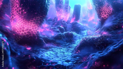 An abstract landscape with glowing pink and blue lights.