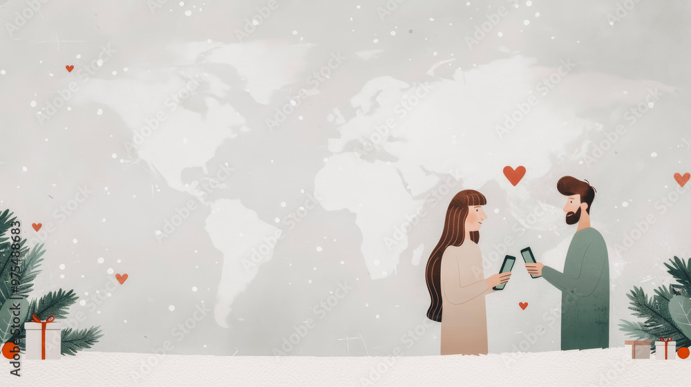 Romantic Couple Sharing Love Messages with World Map Background in Winter Season Romantic Couple Sharing Love Messages with World Map Background in Winter Season