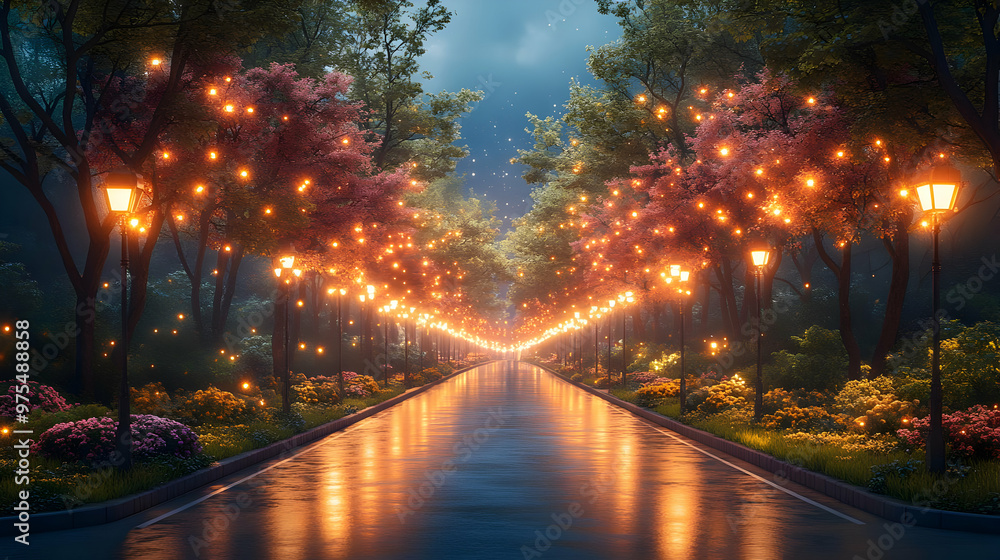 Nighttime Pathway Through a Park with Street Lights and Blooming Flowers - 3D Illustration Nighttime Pathway Through a Park with Street Lights and Blooming Flowers - 3D Illustration