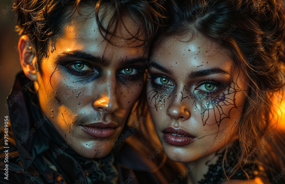 Portrait of two beautiful young couple with Halloween makeup and hairstyle Portrait of two beautiful young couple with Halloween makeup and hairstyle