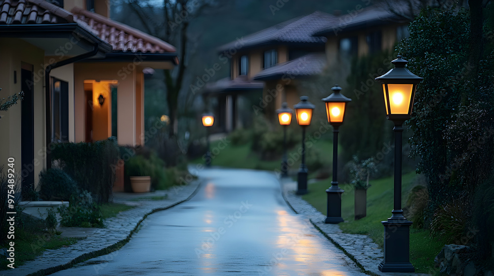 Cobblestone Path with Streetlights at Dusk - Realistic Image Cobblestone Path with Streetlights at Dusk - Realistic Image