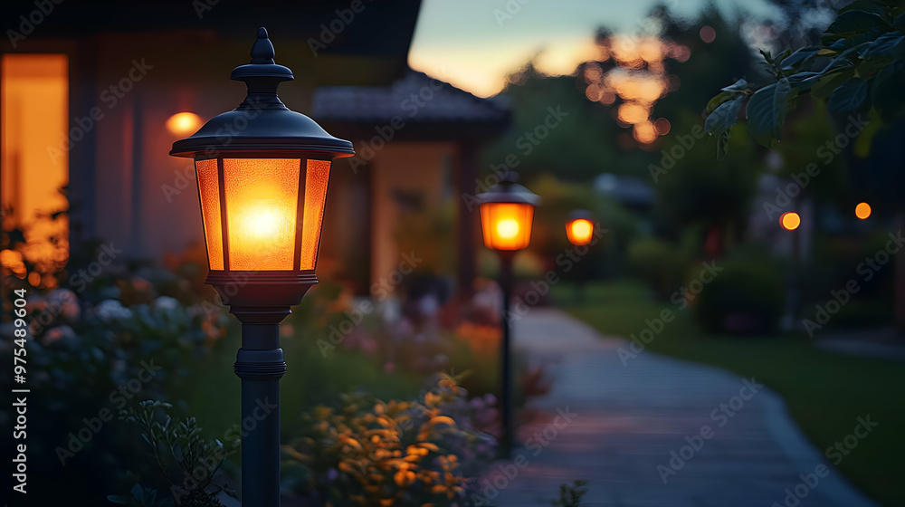 Illuminated Pathway: A Photo of Streetlights in a Garden Illuminated Pathway: A Photo of Streetlights in a Garden