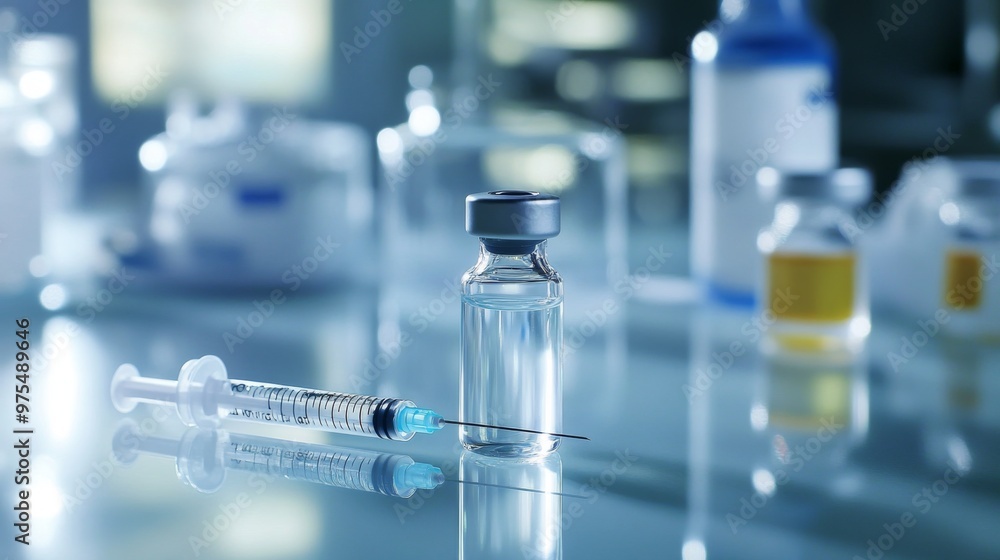 Close-up of a transparent medicine vial and syringe on a medical table, containing glucagon hormone for emergency treatment of severe hypoglycemia episodes. Close-up of a transparent medicine vial and syringe on a medical table, containing glucagon hormone for emergency treatment of severe hypoglycemia episodes.
