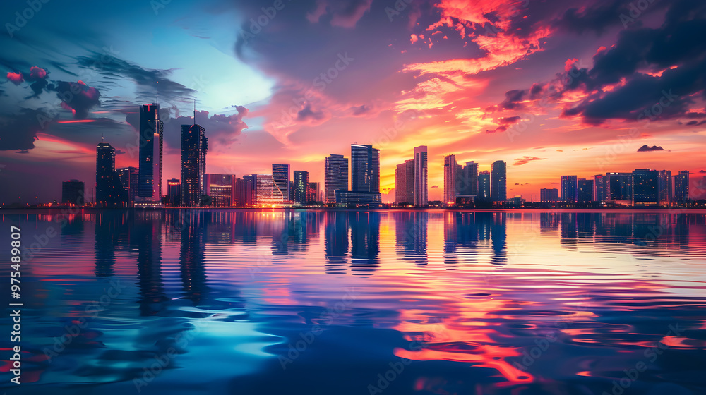 Fototapeta premium A Stunning Urban Skyline at Sunset with Reflective Water, Illuminated Buildings, and a Vibrant Evening Sky, Featuring a Beautiful Cityscape with Reflective Water Surfaces and Dramatic Lighting