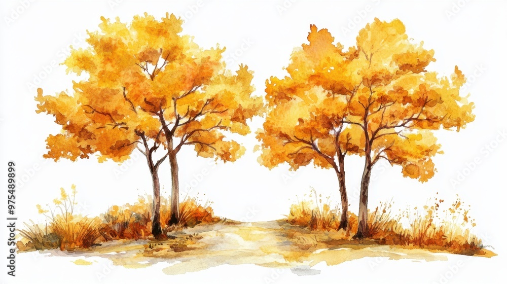 Watercolor hand drawn of autumn trees,red maple tree on white background,hand drawn watercolor vector illustration,Autumn forest path,red orange foliage in fall forest. Watercolor hand drawn of autumn trees,red maple tree on white background,hand drawn watercolor vector illustration,Autumn forest path,red orange foliage in fall forest.