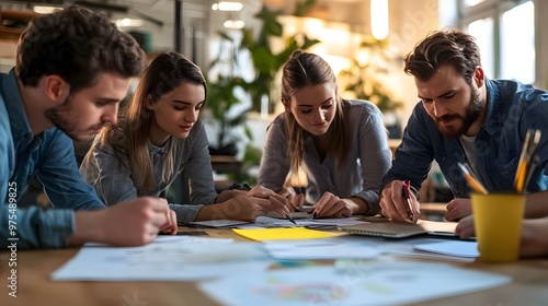 Four Young Professionals Collaborating on a Project at a Desk