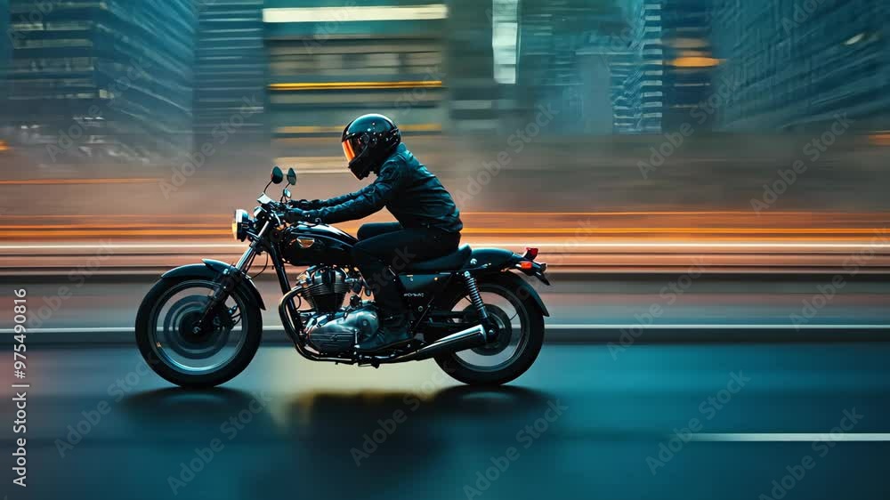 Motorcyclist cruising through city streets at night with vibrant lights in motion. Side view of skilled rider speeds through urban streets, showing the thrill of motorcycling in motion blur Motorcyclist cruising through city streets at night with vibrant lights in motion. Side view of skilled rider speeds through urban streets, showing the thrill of motorcycling in motion blur