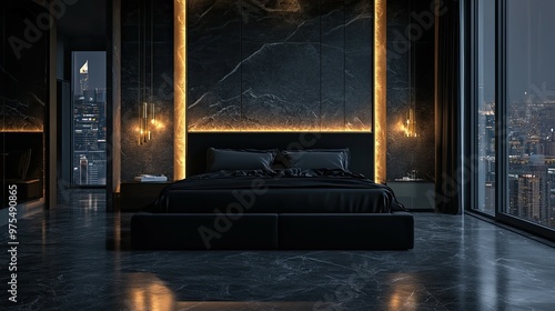 Modern black bedroom with marble walls and city view.