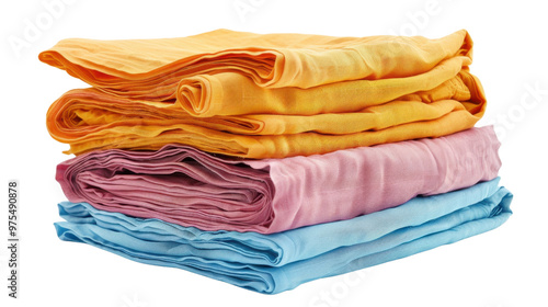 Stack of colorful bed sheets on transparent background