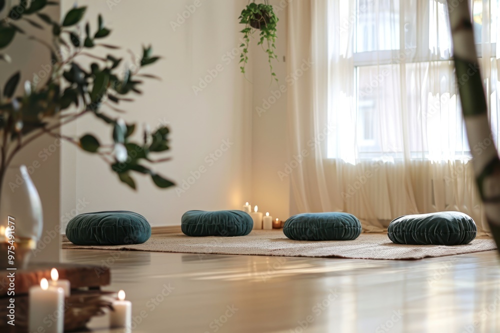 A peaceful meditation space with floor cushions, candles, and soft lighting, creating a calm and serene atmosphere. A peaceful meditation space with floor cushions, candles, and soft lighting, creating a calm and serene atmosphere.