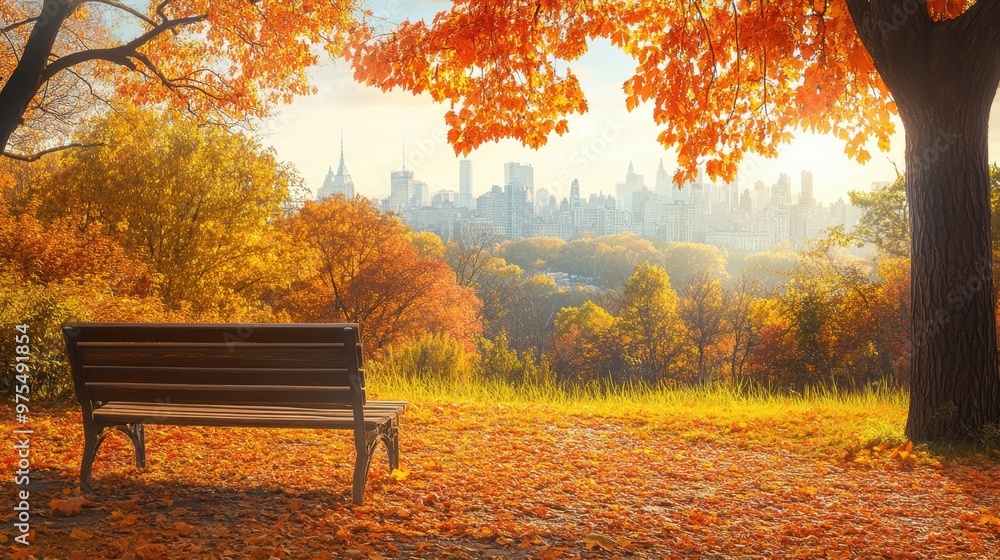 Lonely Bench in autumn Park with city view red and yellow maple trees and blue sky,Autumn forest path,Lawn in autumn city park in Sunny day,Trees with yellow leaves in park,Natural Wallpaper. Lonely Bench in autumn Park with city view red and yellow maple trees and blue sky,Autumn forest path,Lawn in autumn city park in Sunny day,Trees with yellow leaves in park,Natural Wallpaper.