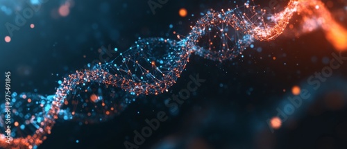 Digital representation of dna helix with data points, illustrating bioinformatics and genetic data analysis