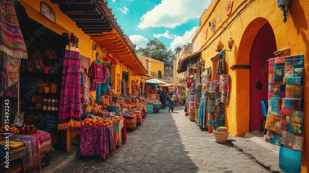 Fototapeta premium A colorful marketplace in a historic town, with vibrant stalls selling handmade crafts, local produce, and bright fabrics