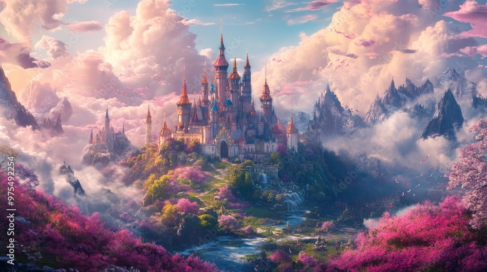 A picturesque dreamland with colorful castles, lush meadows, and magical creatures under a sky filled with soft pink clouds A picturesque dreamland with colorful castles, lush meadows, and magical creatures under a sky filled with soft pink clouds