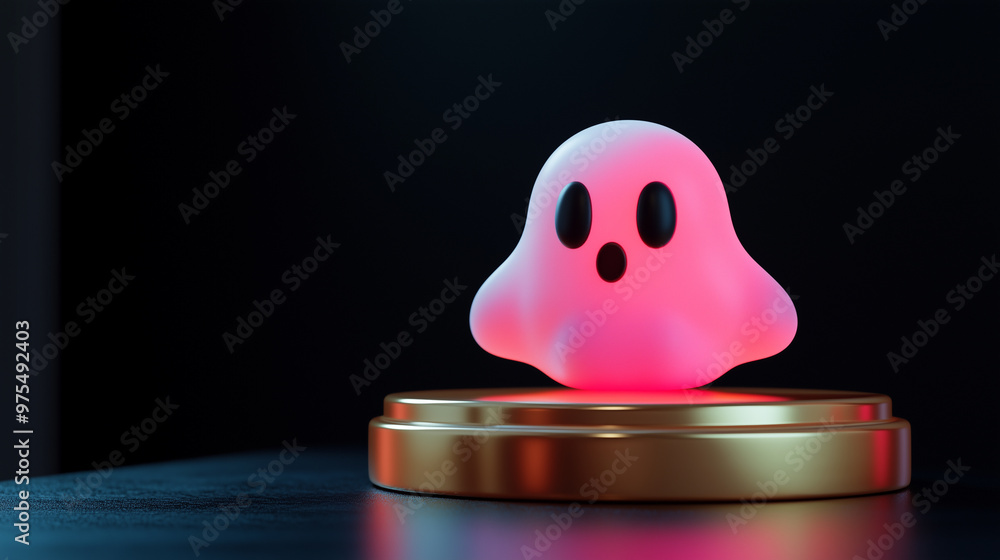 Fototapeta premium Cute ghost on golden podium.