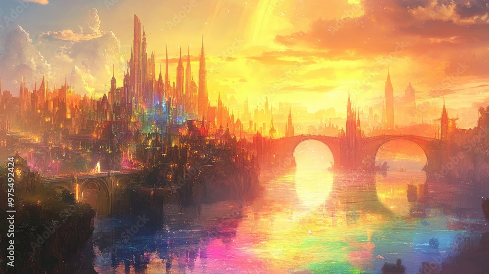 Naklejka premium A vibrant dreamlike city with rainbow-colored buildings, floating bridges, and golden light reflecting off the waters, creating a surreal escape