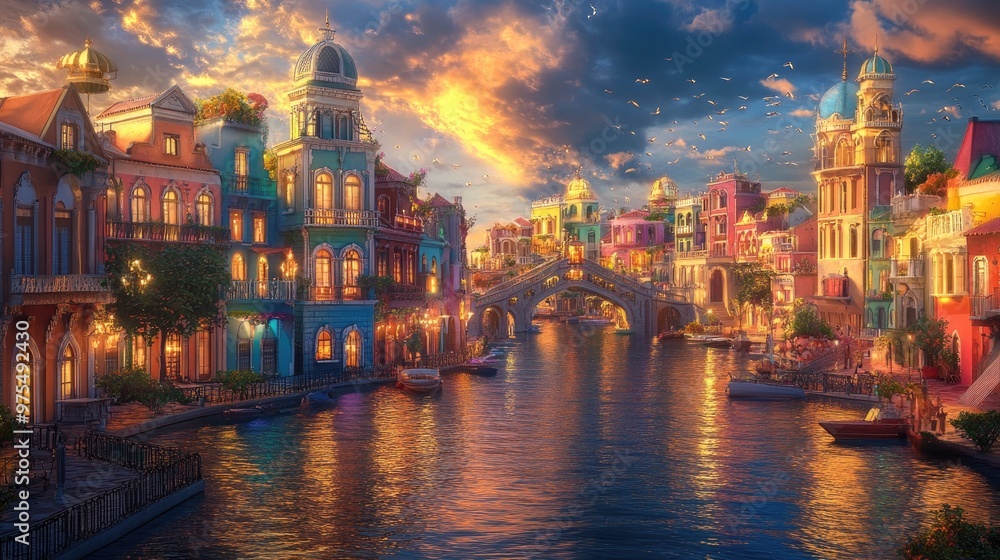 Obraz premium A vibrant dreamlike city with rainbow-colored buildings, floating bridges, and golden light reflecting off the waters, creating a surreal escape