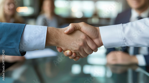 Two business leaders confidently shake hands across a glass table in a modern office, sealing a professional business deal. The handshake reflects trust, collaboration, and mutual success.