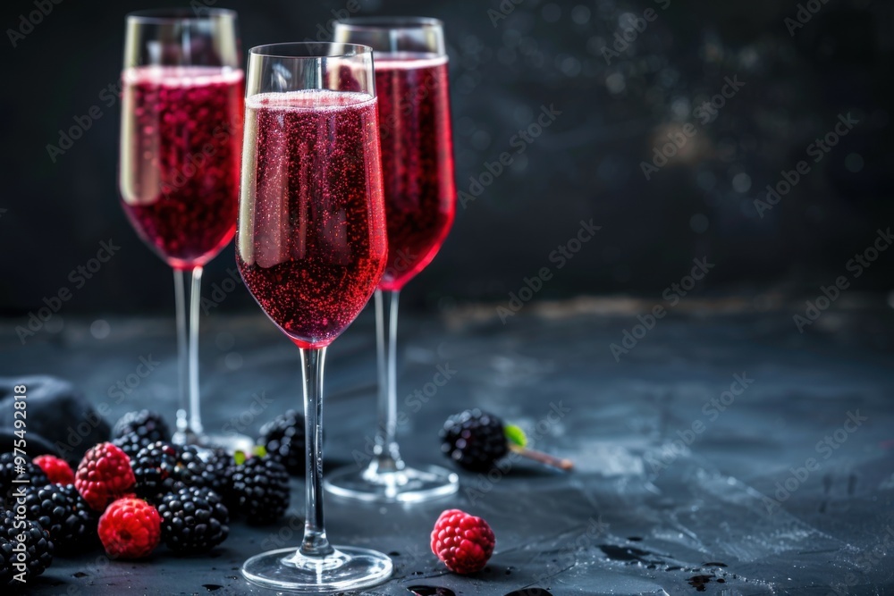 Blackberry Mimosa with blackberry juice and champagne, served in a stylish glass, dark and moody background, copy space Blackberry Mimosa with blackberry juice and champagne, served in a stylish glass, dark and moody background, copy space
