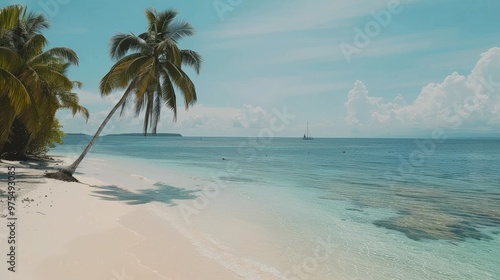 Fototapeta Naklejka Na Ścianę i Meble -  A tranquil tropical beach scene featuring a leaning palm tree, crystal-clear water, and a distant sailboat on the horizon.