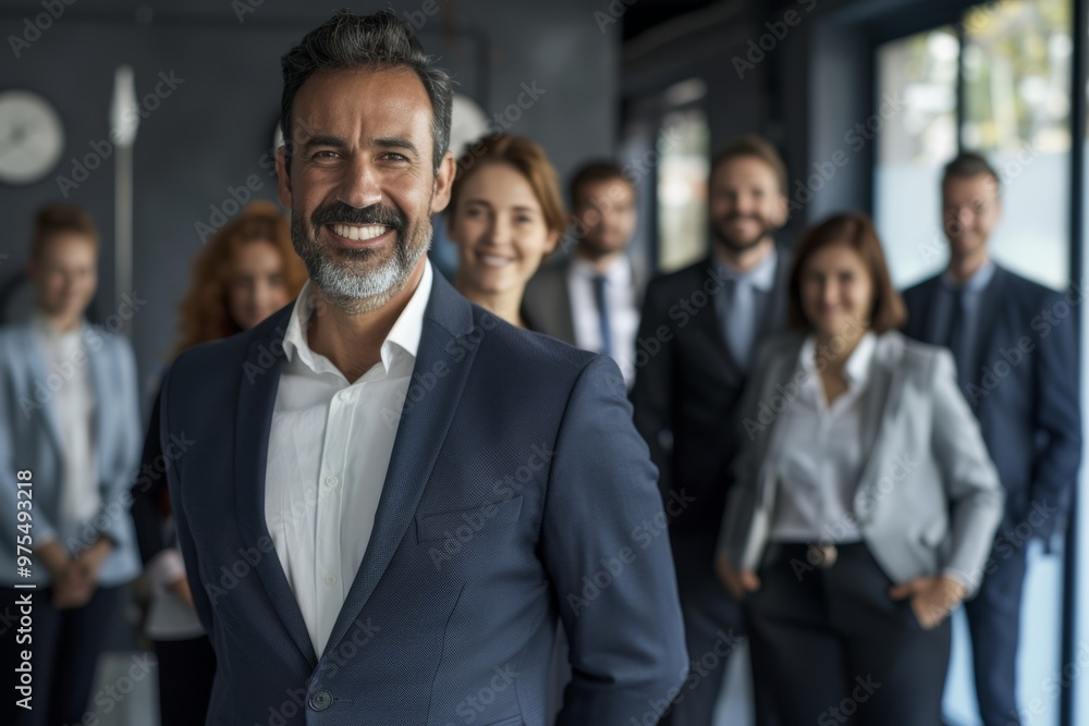 businessman in prime stands proudly with team, embodying essence of corporate success and unity, highlights dynamic group ready to tackle new business ventures and achieve goals. businessman in prime stands proudly with team, embodying essence of corporate success and unity, highlights dynamic group ready to tackle new business ventures and achieve goals.