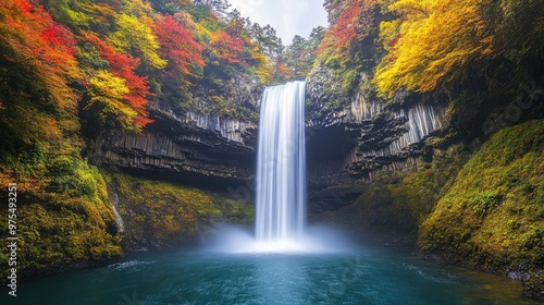 Majestic waterfall surrounded by vibrant autumn foliage, creating a stunning natural travel destination