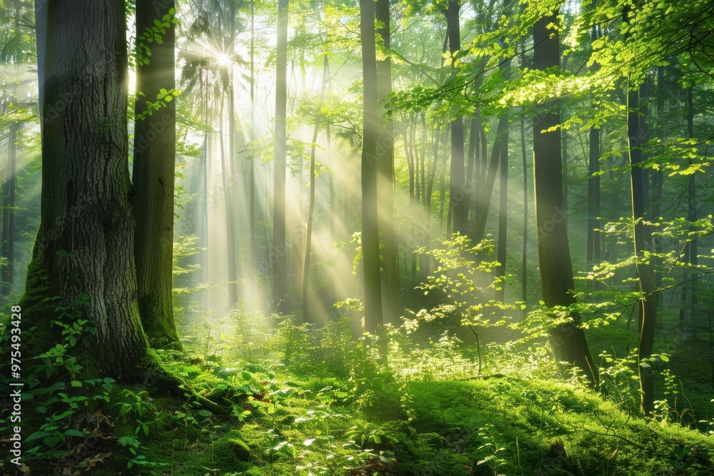 Golden sunbeams pierce through the canopy of a lush green forest, creating a serene and magical atmosphere. Golden sunbeams pierce through the canopy of a lush green forest, creating a serene and magical atmosphere.
