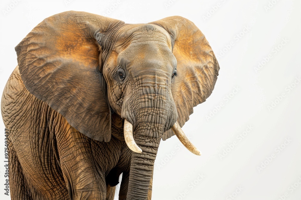Obraz premium An African elephant standing against a simple white backdrop, emphasizing its powerful presence and intricate features.