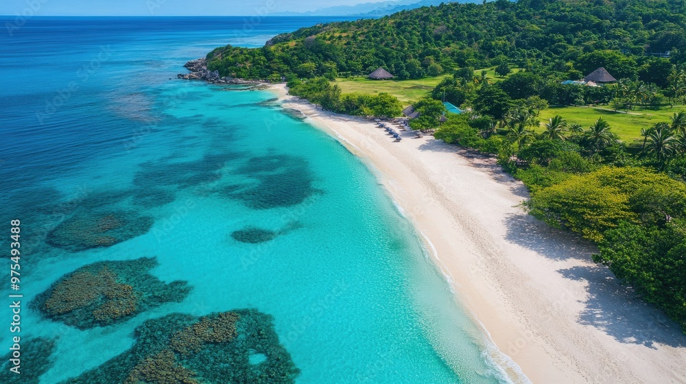 Serene island beach with white sand, turquoise waters, and colorful coral reefs, perfect for snorkeling and relaxation Serene island beach with white sand, turquoise waters, and colorful coral reefs, perfect for snorkeling and relaxation