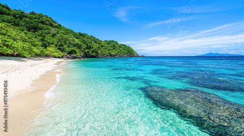 Serene island beach with white sand, turquoise waters, and colorful coral reefs, perfect for snorkeling and relaxation