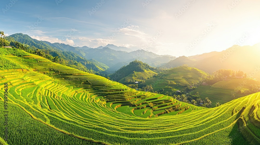 Serene rice terraces with vibrant green fields stretching across the mountainside under a bright, clear sky Serene rice terraces with vibrant green fields stretching across the mountainside under a bright, clear sky