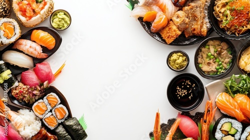 various types of japanese cuisine dishes form a frame isolated on white background for design of decorative frames, cards, backgrounds, banners and posters