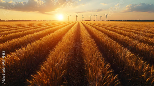 Golden Wheat Field Sunset with Wind Turbines - Realistic Image photo