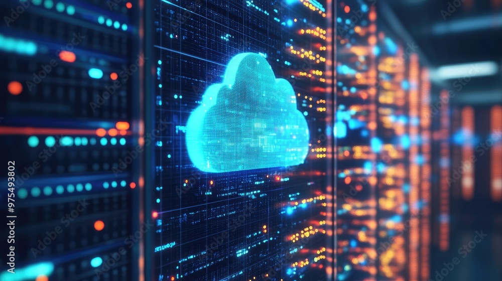 A glowing blue cloud icon on a server rack with blinking lights in a ...