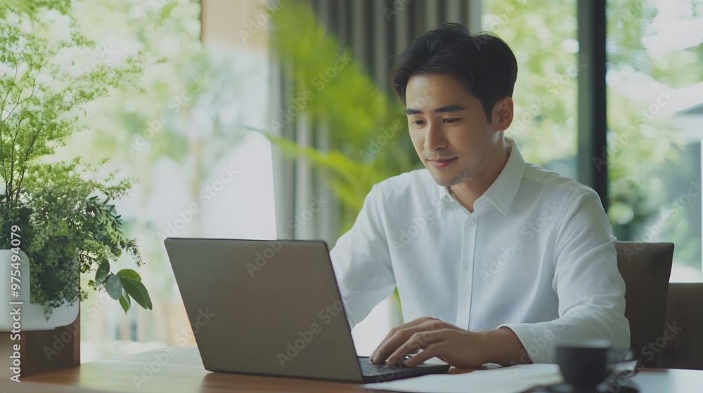 Young Man Working on Laptop in a Home Office Setting Young Man Working on Laptop in a Home Office Setting
