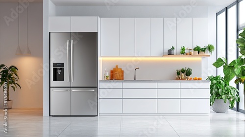 Modern kitchen interior with white cabinets, stainless steel appliances, and a large window.
